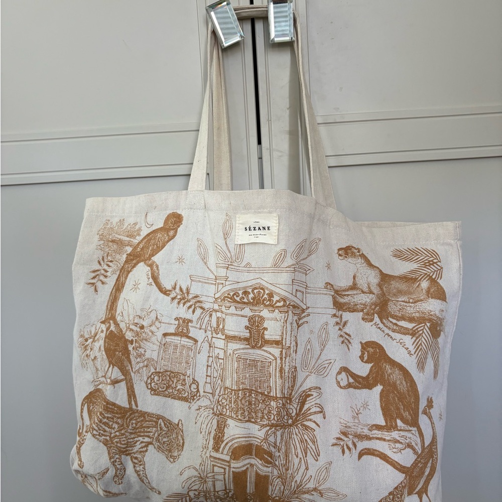 Sezane Cream and Brown Jungle Tote Bag